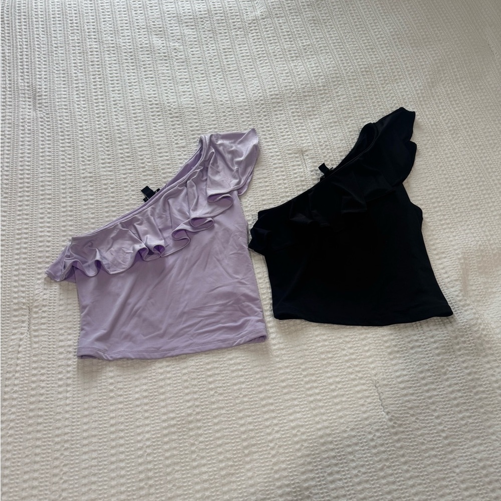 Express Off-Shoulder Ruffle Crop Tops - Lavender & Black